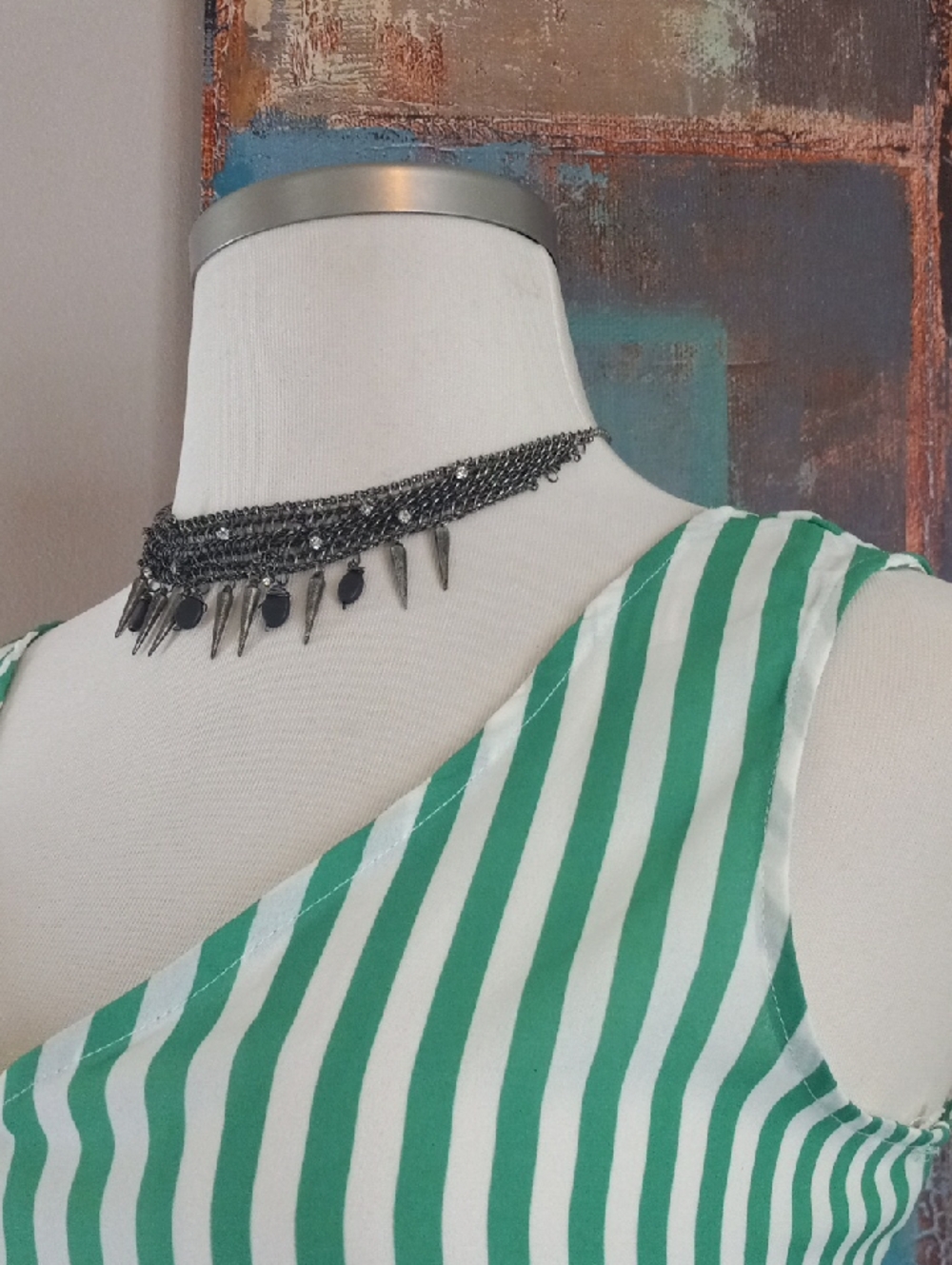 Tiana B. Wide Leg Green and White Vertical Stripe Sleeveless Jumpsuit Romper - Picture 3 of 16